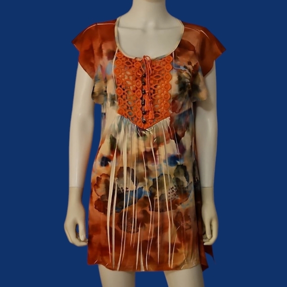 VTG ONE WORLD Floral Watercolor Lace-up Tunic - Picture 1 of 10